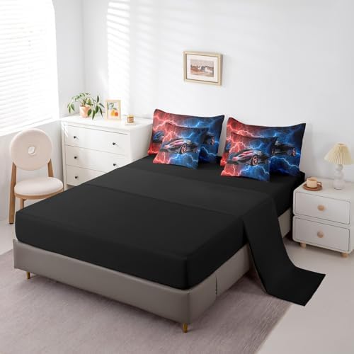 Feelyou Race Car Bedding Set 7 Piece Boys Girls Red and Blue Speed Sports Car King Comforter Set with Sheets for Kids Extreme Sports Bed in a Bag Lightning Theme Bed Set Room Decor - Image 4