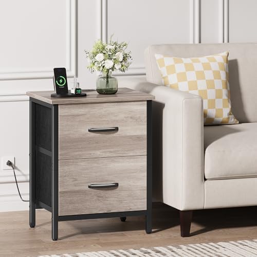 Vagusicc Nightstand Set of 2 with Charging Station, End Table Bedside Table with Power Outlet & USB Ports, Side Table with 2 Fabric Drawers for Bedroom, Living Room, Greige - Image 2