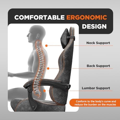 Ferghana Vintage PU Leather Gaming Chair, Ergonomic Gamer Chair with Massage, High Back Computer Office Chair with Footrest for Adults, Racing Style Reclining Video Game Chair (Grey) - Image 6