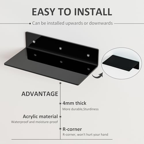 12 Inches Black Wall Shelves Set of 4, Acrylic Floating Shelf for Wall, Wall Mounted Display Shelf for Bedroom, Living Room, Funko Pop Shelves, Smart Speaker, 4 Pack - Image 4