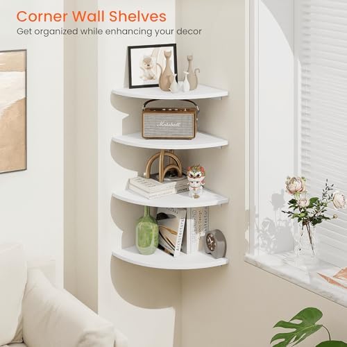 Homode Corner Floating Shelves, Set of 4 Round Corner Shelf Wall Mount with Cord Hole, 12 Inch Wood Curved Corner Hanging Shelf for Cable Box, Speaker, TV Cords, Books, Plants, White - Image 5