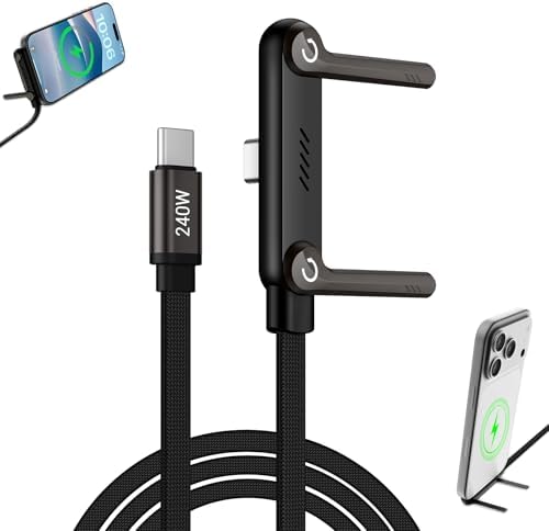 2-in-1 Invisible Stand Fast Charging Cable 240W Type-C Braided Fast Charging Cable Built-in Phone Stand 2 in 1 Phone Holder Cable for Suitable for Gaming Office and Travel Black by KONSTREET