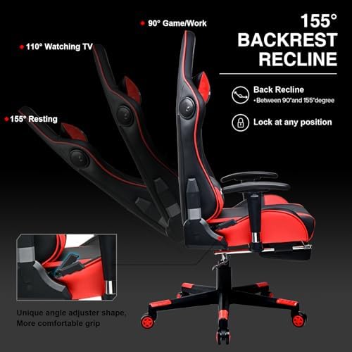 GTPLAYER Gaming Chair with Footrest Speakers Video Game Chair Bluetooth Music Heavy Duty Ergonomic Computer Office Desk Chair Red - Image 5