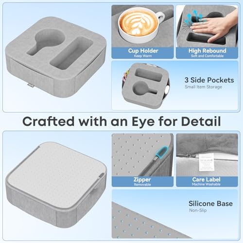 Couch Cup Holder Pillow, Couch Caddy for Drink, Snack, Phone, Remote, Game Controller, Removable and Washable Cup Cozy Pillow, Small Sofa Cup Holder Tray for Bed, Car, Desk, Sofa, Gray - Image 3