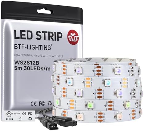 BTF-LIGHTING WS2812B IC RGB LED Strip,UL Listed,Pure Gold Wires,DC5V 16.4FT 150LED 5050SMD,Individually Addressable,Flexible for DIY Chasing Full Color Project,3M Tape,IP30(No Adapter or Controller) by BTF-LIGHTING