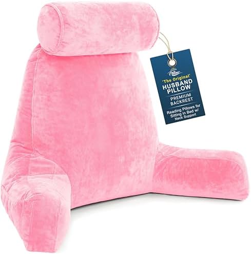 Husband Pillow XXL The Original for Adults - 30" Tall Backrest for Sitting Up in Bed - Firm Support Reading & Bed Rest Pillows for Adults, Neck Roll, Removable Cover - TV - Pink by HusbandPillow