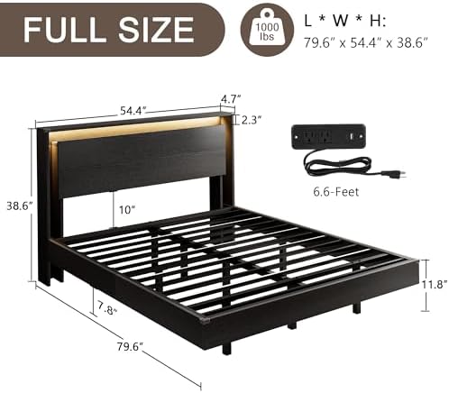 Einhomn Full Size Bed Frame with LED Lights & Charging Station – Kids Wood Floating Bed Frame with Storage Headboard, Adhesive Slats, Kick-Free & Noise-Free Design, Easy Assembly, Black - Image 2