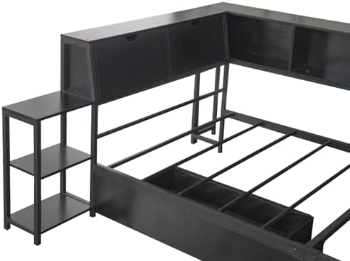 Bellemave Queen Size Corner Bed Frame with Storage Drawers, Bookcase and Side Desk, Queen Corner Bed with Light and Charging Station, Daybed for Bedroom, Living Room, Guest Room Black - Image 6