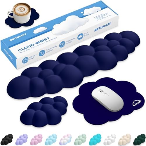 Cloud Wrist Rest Keyboard Cushion and Cloud Mouse Pad, Dark Blue | 4-in-1 Ergonomic Cloud Keyboard Wrist Rest Set, Memory Foam, Arm Support for Palm, Cute Desk Accessory for PC Gaming Setup by Unknown