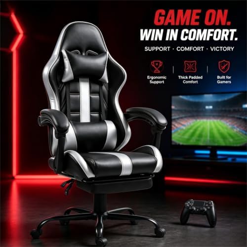 ECOTOUGE Massage Gaming Chair with Footrest & Lumbar Support, White | Premium PU Leather; Ergonomic Massage Lumbar; 90-135° Recline; Height Adjustable; Retractable Footrest; 330Lbs Steel Frame - Image 4