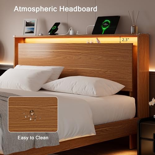 Einhomn King Size Bed Frame with LED Lights & Charging Station – Wood Floating Bed Frame with Storage Headboard, Adhesive Slats, Kick-Free & Noise-Free Design, Easy Assembly, Walnut - Image 5