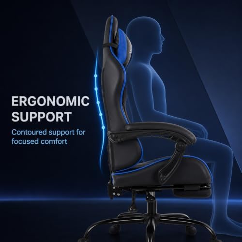 Gaming Chair Office Chair Desk Chair with Footrest Lumbar Support Headrest Armrest Task Rolling Swivel Ergonomic E-Sports Adjustable PC Gamer Chair (Blue) - Image 4