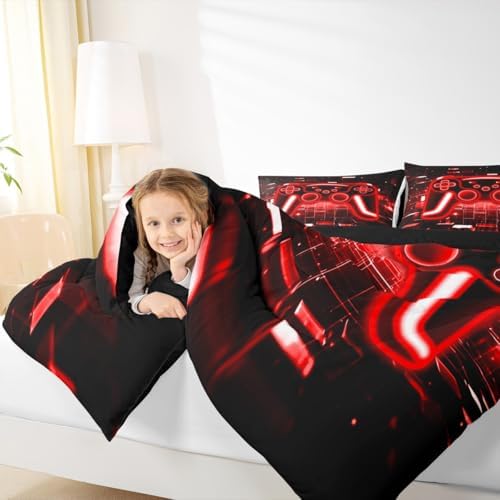 Erosebridal Gamer Comforter Set Gaming King Bedding Set, Neon Lights Game Boy Games Comforter Red Brick Cube Duvet Insert,Gaming Room Decor - Image 5