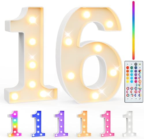 Pooqla 16th Birthday Decorations for Girls Boys, 35 Colors LED Light Up Numbers with Remote, Color Chaning Marquee Numbers Gift for Sweet 16 Party Decoration Wedding Anniversary Decor, Number 16 by Pooqla