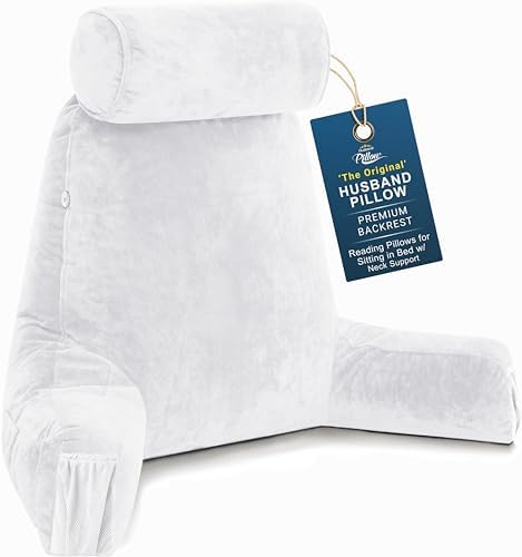 Husband Pillow Medium Reading Pillow with Arms - 23" Backrest for Sitting Up in Bed - Firm Support Bed Rest Pillow for Adults, Neck Roll, Removable Cover - TV, Reading, Lounging - White by HusbandPillow