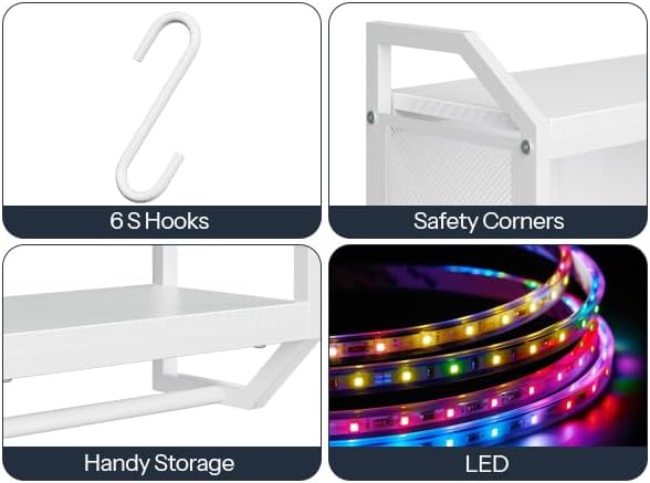HOOBRO Gaming Floating Shelves with LED Lights, 28.7" LED Wall Mounted Shelf, 3-Tier Display Rack for Wall Storage, Floating Rack with Hanging Rod and 6 S-Hooks, for Gaming Room, White WT70DBJ01 - Image 8