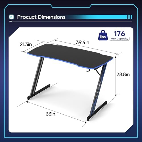 BestOffice 39" Gaming Desk Computer Gaming Desk Z Shaped Gaming Workstation Ergonomic Gaming Table with Headphone Hook for Game Players,Black&Blue - Image 3