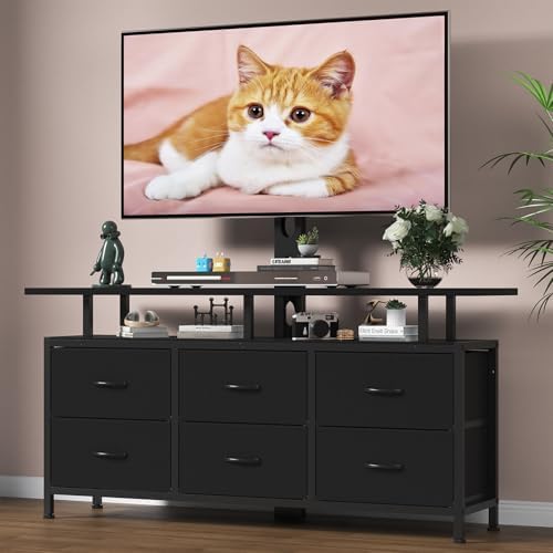 Black TV Stand with Mount for 32/45/55/60/65/75 inch TVs, Entertainment Center with 6 Fabric Drawers & Open Shelf, TV Media Console for Living Room, Bedroom by DrawXynth