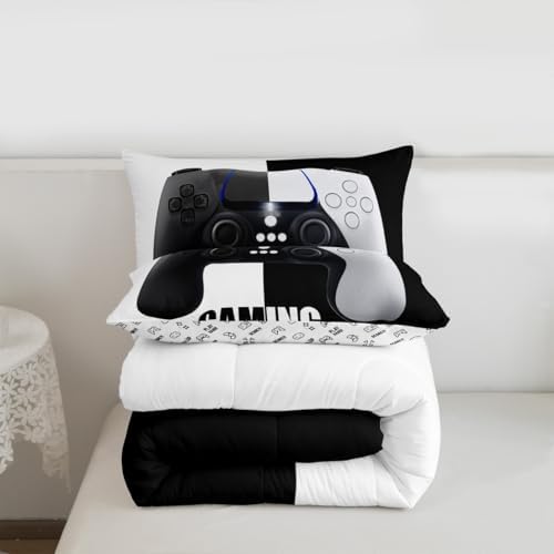 Feelyou Kids Video Games Comforter Set Gaming Reversible Bedding Set for Child Boys Girls Gamepad Comforter Modern Gamer Action Buttons White Black Design Quilt Set Bedroom Collection 3Pcs Queen Size - Image 3