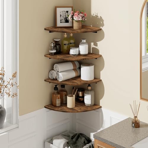 Homode Corner Wall Shelf, 12 Inch Wide Wooden Corner Floating Shelves with Cord Hole, Set of 4 Round Corner Hanging Storage Shelving for Bathroom Living Room Small Spaces, Rustic Brown - Image 2