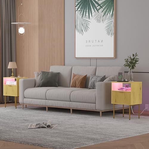 JOONEE Nightstand with Charging Station, Bedside Table with Storage Drawer, Fluted Side Table for Living Room, Bedroom - Image 3