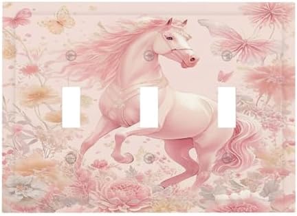 Decorative Light Switch Cover Plate Fantastical Pink Horse and Flowers 3 Gang Wall Plate Triple Toggle Switch Plate Covers 3 Hole Electrical Switchplate Dimmer Faceplate for Bedroom Decor by JOOJIAO