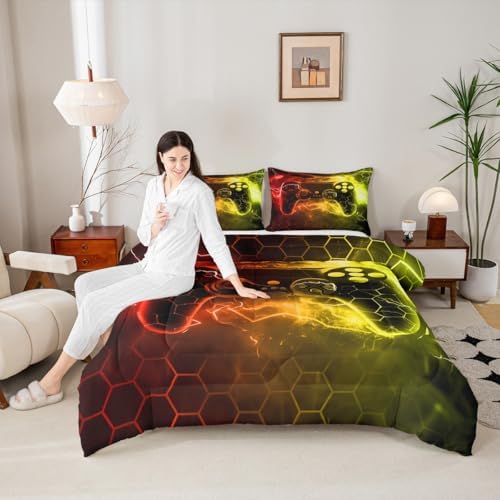 Feelyou Kids Boys Red Yellow Gamer Comforter Twin Size, Honeycomb Gaming Comforter Set for Lightning Gamer Bedding Set Game Duvet Set Bed Set Room Decor Quilt Set Bedding Collection - Image 5