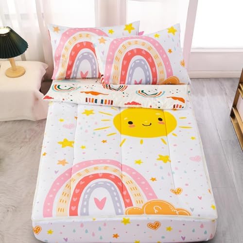 A Nice Night Zipper Bedding Cartoon Rainbow Bedding Set with Smile Sun Printed Zippered Kids Comforter Set,Twin,White by ANICENIGHT