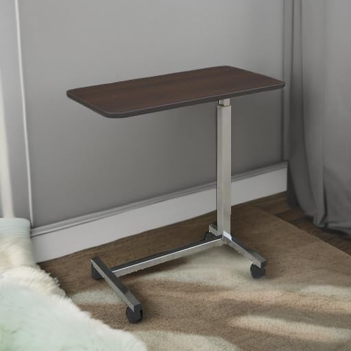 Medline Economy Overbed Table with Wheels - Versatile Use for Home, Nursing Home, Assisted Living or Hospital - Walnut Top, Silver Hammertone Base - Adjustable & Portable - Image 2