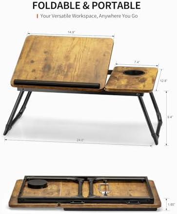 FISYOD Foldable Laptop Desk for Bed Couch, Adjustable Split Lap Desk with Cup Holder, Portable Lightweight Bed Table Tray, Heavy-Duty Laptop Stand for Working, Writing, Reading and Eating - Brown - Image 2