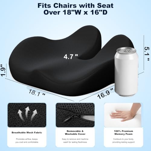 CXC Seat Cushions for Office Chairs, Ergonomic Memory Foam, Black | Contoured Pressure Support, Breathable Washable Cover, Non-Slip Base, 18.1 x 16.9 x 4.7 in, for Desk, Car and Wheelchair - Image 2
