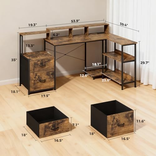 GTPLAYER 73" L Shaped Gaming Desk, Reversible Computer Desk with Power Outlets & LED Lights, Home Office Corner Desk with Storage Shelves, Monitor Stand, and Tower Space, Vintage Brown - Image 2