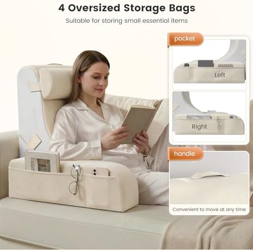 Homkdom Reading Pillow for Sitting in Bed Adult, 22" Back Pillow for Bed Sitting up with Armrests & Storage Pockets, Ergonomic Wedge Pillow for Watching TV, Gaming, Working, Recovery, 5PCS, Beige - Image 5