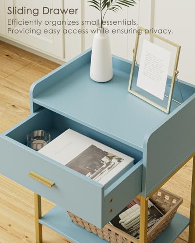 Masupu Nightstand,Bedside Table 3-Tier Modern Night Stand with Storage Drawer and Shelf,Small End Side Table for Bedroom,Living Room,Black (Without Outlet, Blue) - Image 5