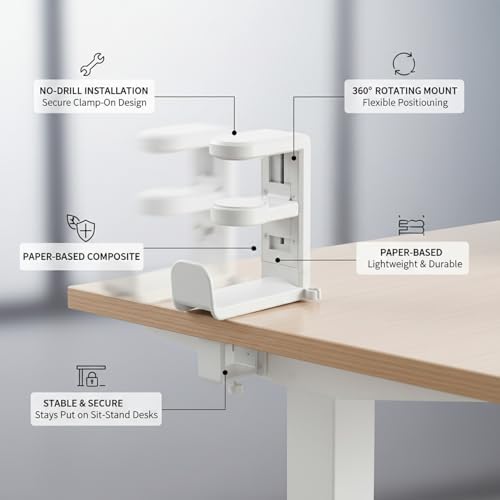 Under Desk Headphone Hanger Clamp, Rotating Mount for Sit-Stand Desks, No-Drill Installation, Paper-Based Composite (1 PC) - Image 5