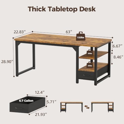 Mericonia 63" Reversible Computer Desk with Drawer, 1" Thick Office Desk - Image 2