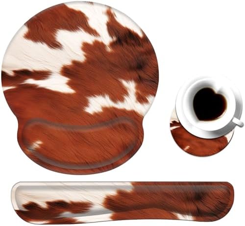 Keyboard Wrist Rest and Mouse Pad Wrist Support Set with Coaster,Comfortable for Easy Typing,Pain Relief,Memory Foam Keyboard Pad Set for Laptop Mac,Cowhide Farm Animal Skin Leopard Brown Cow by Unknown