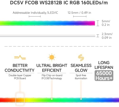 BTF-LIGHTING FCOB COB WS2812B IC RGB LED Strip DC5V 13.1FT 640LED 5mm IP30 - Image 7