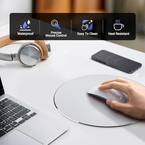 HONKID Metal Aluminum Mouse Pad Thin Hard Mousepad 7.87 * 7.87 Round Silver - Image 2