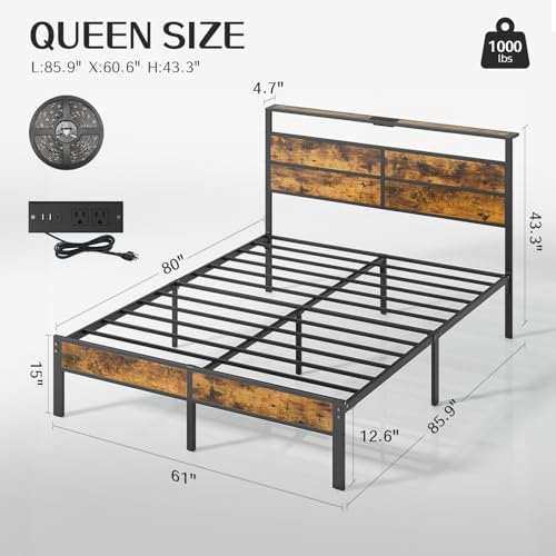 Liians Queen Size Bed Frame, Queen Bed with Charging Station Headboard and LED Lights, Platform Bed with Metal Slats, No Box Spring Needed - Image 2