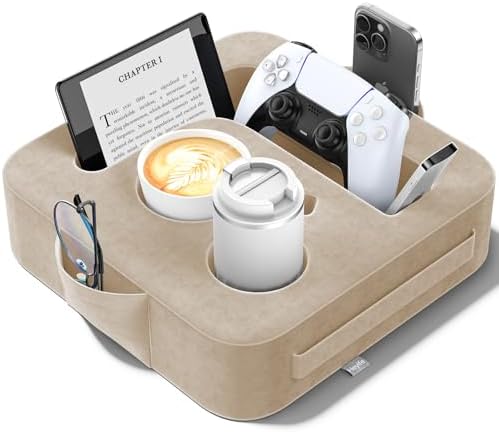Couch Cup Holder Pillow, Sofa and Bed Organizer Caddy for iPad, Kindle, Switch, Game Controller, Remotes, Phones, Small-Sized Cup & Drink Holder for Couch, Bed, Desk, Car, Beach, Desk, Khaki by Unknown