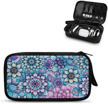 Purple Boho Flower Print Large Electronics Organizer, Travel Cord Organizer, Cable Storage Bag, Tech Accessories Case by Unknown