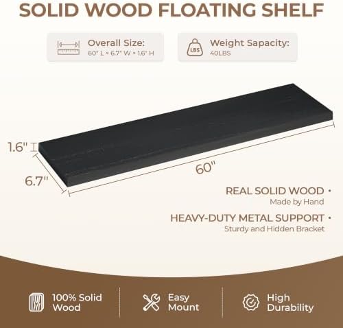 60 inch Long Black Floating Shelves Set of 1 | Solid Wood Large Wall Shelves with Invisible Brackets for Living Room, Bedroom, Bathroom, Kitchen, Laundry Room (Black, 60 Inch) - Image 2