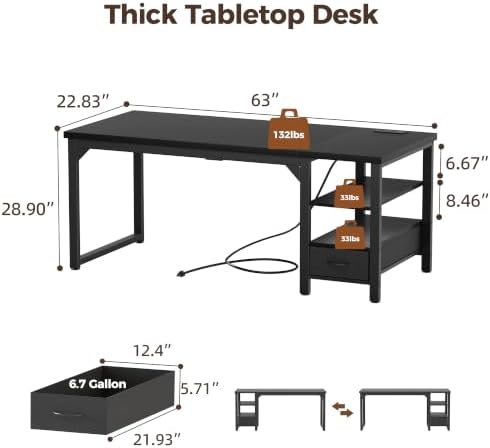 Mericonia 63" Reversible Computer Desk with Drawer, 1.2" Thick Office Desk - Image 2