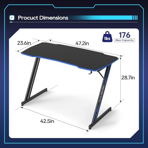 BestOffice Gaming Desk Z Shaped 47 inch PC Computer Desk Computer Workstation Ergonomic Gaming Table with Headphone Hook for Game Players, Black&Blue - Image 3