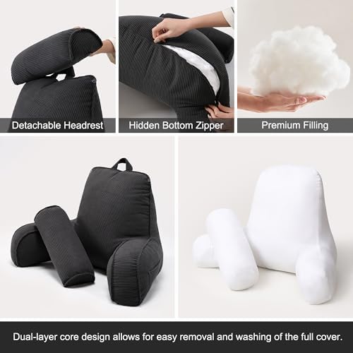 Corduroy Reading Pillow for Sitting Up in Bed, Bed Rest Backrest Pillow with Arms, Low Back Support Cushion with Side Pockets & Washable Cover, Back Support for Sofa Couch Relax, Lamp Black - Image 6
