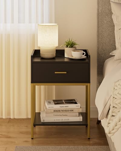 Masupu Nightstand,Bedside Table 3-Tier Modern Night Stand with Storage Drawer and Shelf,Small End Side Table for Bedroom,Living Room,Black (Without Outlet, Black) - Image 6