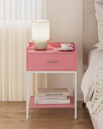 Masupu Nightstand,Bedside Table 3-Tier Modern Night Stand with Storage Drawer and Shelf,Small End Side Table for Bedroom,Living Room,Black (Without Outlet, Pink) - Image 3