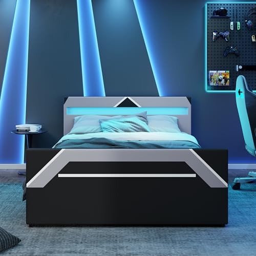 Merax Queen Size Gaming Bed with Built-in 7-Color LED Lighting Headboard, Side-Lift Hydraulic Storage Platform Bed, Cyberpunk Style, No Box Spring Needed, Black+Gray - Image 3