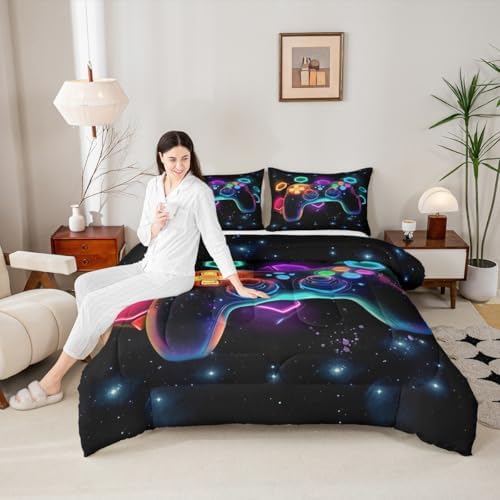Erosebridal Game Consoles Full Size Bedding Set - Gamer Gifts, Gaming Comforter Sets for Kids, Space Glow Geometric Pattern, Boys & Girls, Red, Green, Blue, Teal - Gaming Room Decor - Image 2